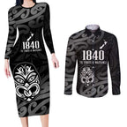 New Zealand 1840 Waitangi Day Couples Matching Long Sleeve Bodycon Dress and Long Sleeve Button Shirt Aotearoa Haka Mask - Black Version
