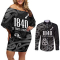 New Zealand 1840 Waitangi Day Couples Matching Off Shoulder Short Dress and Long Sleeve Button Shirt Aotearoa Haka Mask - Black Version