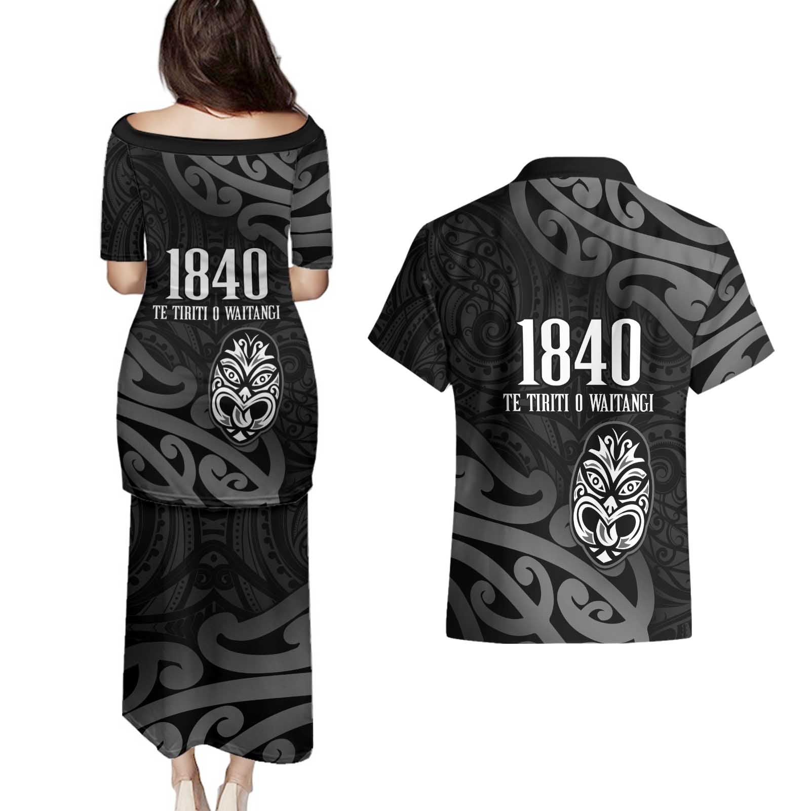 New Zealand 1840 Waitangi Day Couples Matching Puletasi and Hawaiian Shirt Aotearoa Haka Mask - Black Version