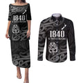 New Zealand 1840 Waitangi Day Couples Matching Puletasi and Long Sleeve Button Shirt Aotearoa Haka Mask - Black Version