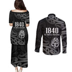 New Zealand 1840 Waitangi Day Couples Matching Puletasi and Long Sleeve Button Shirt Aotearoa Haka Mask - Black Version