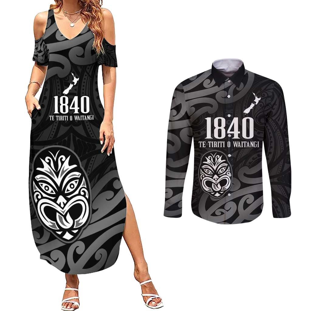 New Zealand 1840 Waitangi Day Couples Matching Summer Maxi Dress and Long Sleeve Button Shirt Aotearoa Haka Mask - Black Version