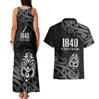 New Zealand 1840 Waitangi Day Couples Matching Tank Maxi Dress and Hawaiian Shirt Aotearoa Haka Mask - Black Version