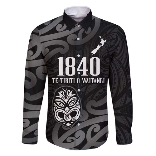 New Zealand 1840 Waitangi Day Family Matching Off The Shoulder Long Sleeve Dress and Hawaiian Shirt Aotearoa Haka Mask - Black Version