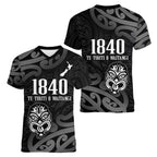 New Zealand 1840 Waitangi Day Women V-Neck T-Shirt Aotearoa Haka Mask - Black Version