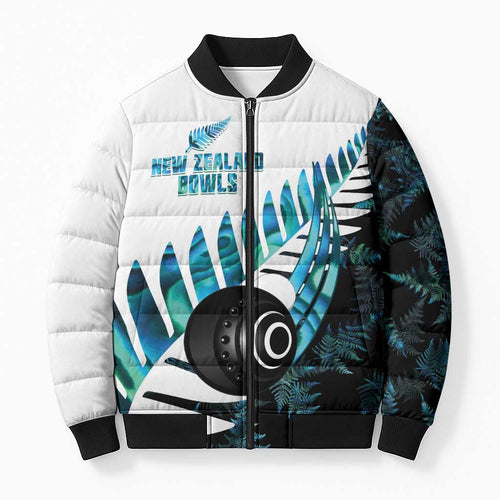 New Zealand Lawn Bowls Custom Bomber Puffer Jacket Aotearoa Silver Fern Paua Shell - Aussie Hoodie