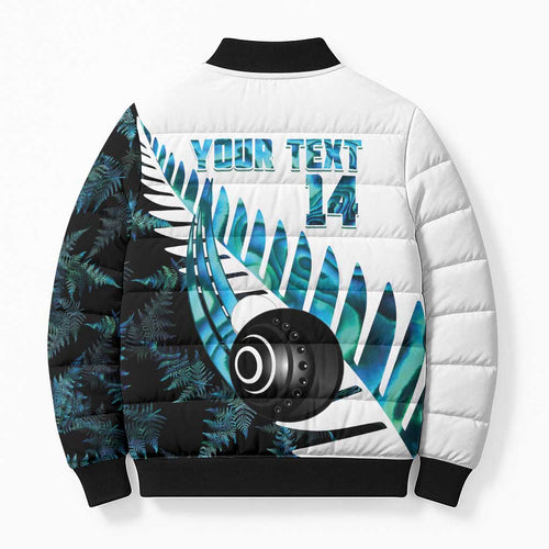 New Zealand Lawn Bowls Custom Bomber Puffer Jacket Aotearoa Silver Fern Paua Shell - Aussie Hoodie