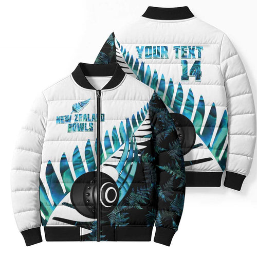 New Zealand Lawn Bowls Custom Bomber Puffer Jacket Aotearoa Silver Fern Paua Shell - Aussie Hoodie