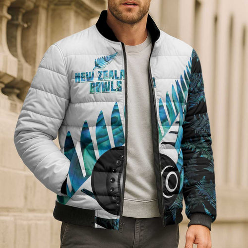 New Zealand Lawn Bowls Custom Bomber Puffer Jacket Aotearoa Silver Fern Paua Shell - Aussie Hoodie