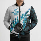 New Zealand Lawn Bowls Custom Bomber Puffer Jacket Aotearoa Silver Fern Paua Shell - Aussie Hoodie