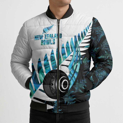 New Zealand Lawn Bowls Custom Bomber Puffer Jacket Aotearoa Silver Fern Paua Shell - Aussie Hoodie