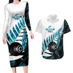 New Zealand Lawn Bowls Custom Couples Matching Long Sleeve Bodycon Dress and Hawaiian Shirt Aotearoa Silver Fern Paua Shell - Aussie Hoodie