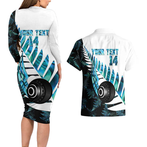 New Zealand Lawn Bowls Custom Couples Matching Long Sleeve Bodycon Dress and Hawaiian Shirt Aotearoa Silver Fern Paua Shell - Aussie Hoodie
