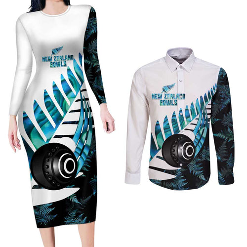 New Zealand Lawn Bowls Custom Couples Matching Long Sleeve Bodycon Dress and Long Sleeve Button Shirt Aotearoa Silver Fern Paua Shell - Aussie Hoodie