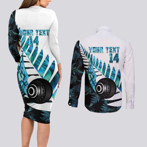 New Zealand Lawn Bowls Custom Couples Matching Long Sleeve Bodycon Dress and Long Sleeve Button Shirt Aotearoa Silver Fern Paua Shell - Aussie Hoodie