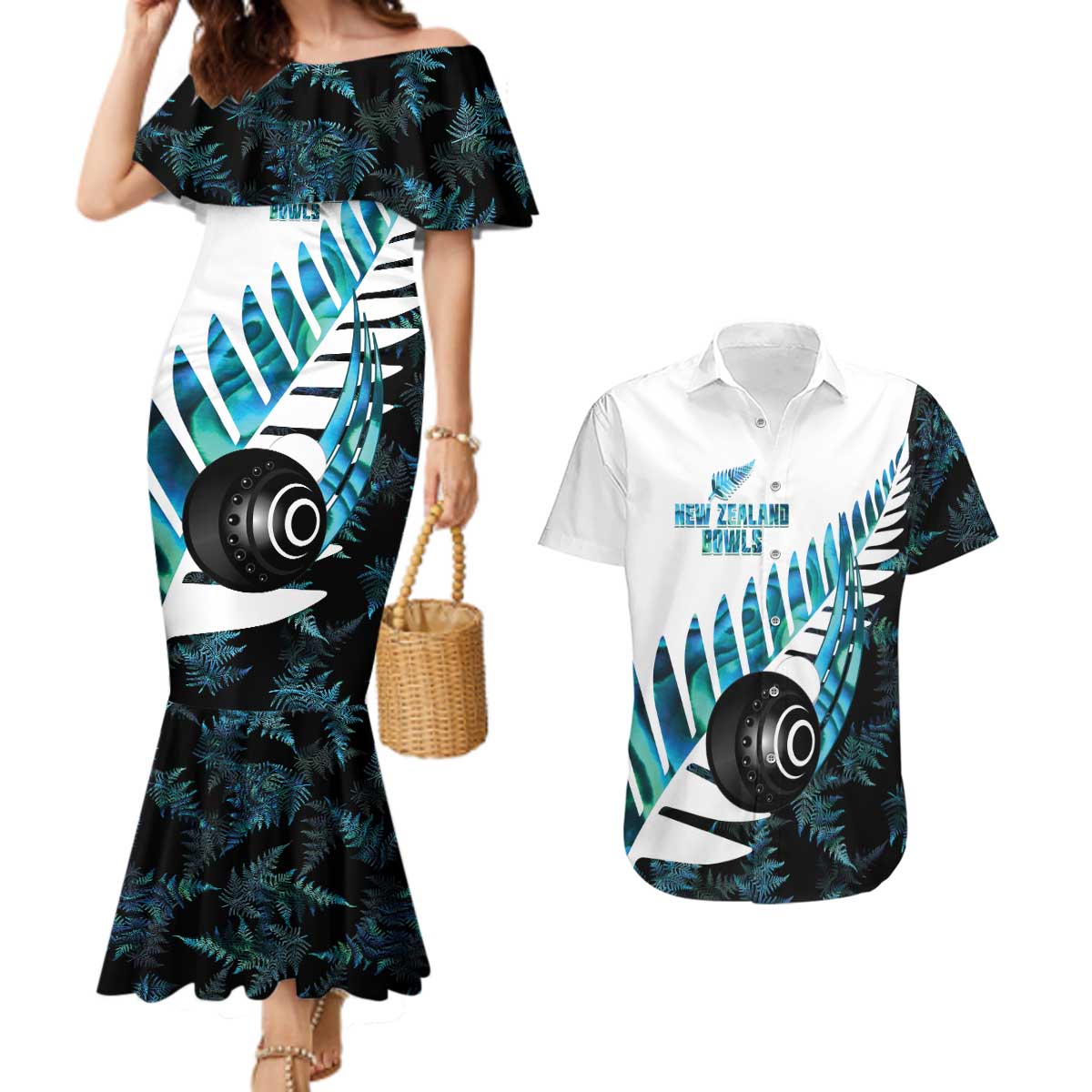 New Zealand Lawn Bowls Custom Couples Matching Mermaid Dress and Hawaiian Shirt Aotearoa Silver Fern Paua Shell - Aussie Hoodie
