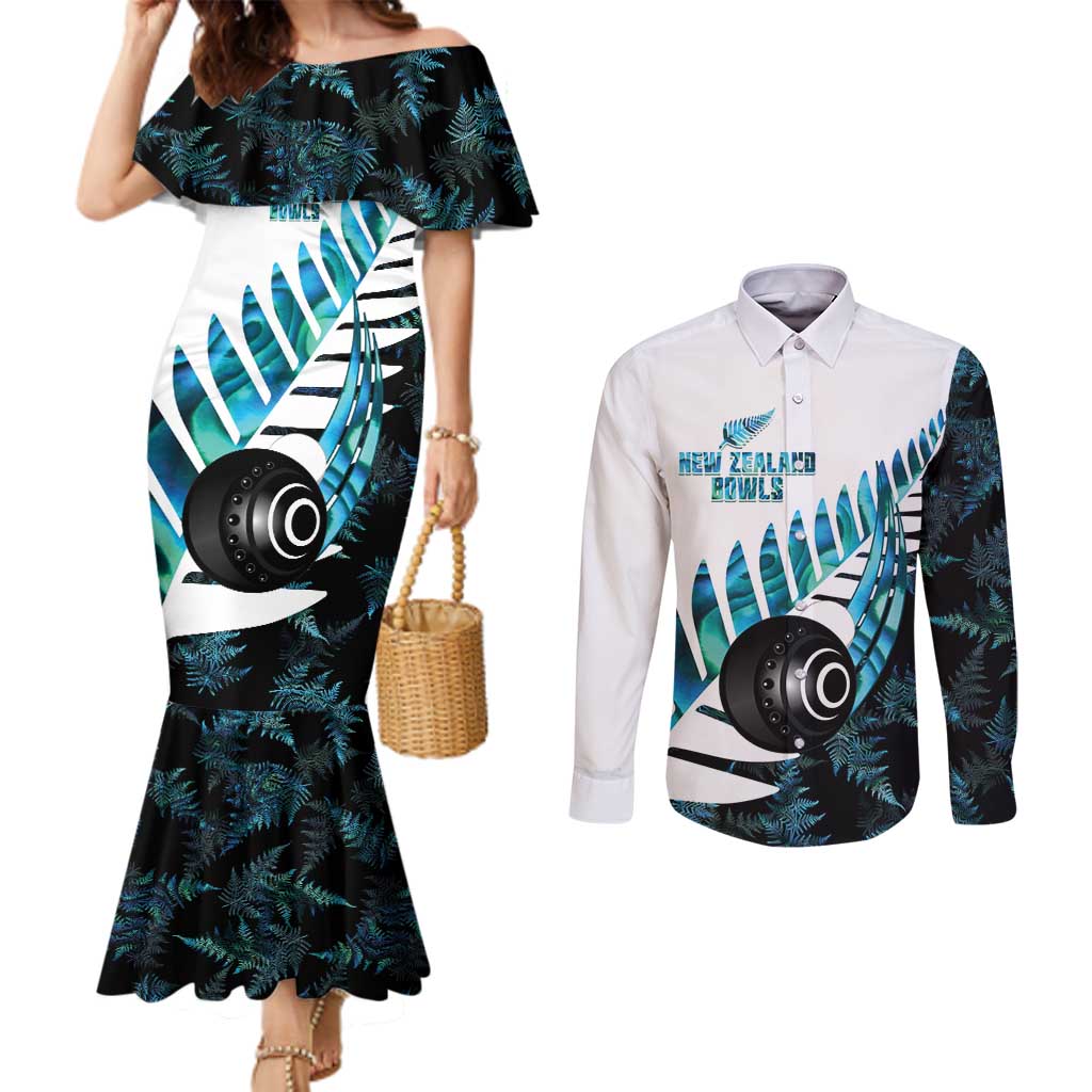 New Zealand Lawn Bowls Custom Couples Matching Mermaid Dress and Long Sleeve Button Shirt Aotearoa Silver Fern Paua Shell - Aussie Hoodie