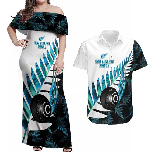 New Zealand Lawn Bowls Custom Couples Matching Off Shoulder Maxi Dress and Hawaiian Shirt Aotearoa Silver Fern Paua Shell - Aussie Hoodie