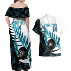 New Zealand Lawn Bowls Custom Couples Matching Off Shoulder Maxi Dress and Hawaiian Shirt Aotearoa Silver Fern Paua Shell - Aussie Hoodie
