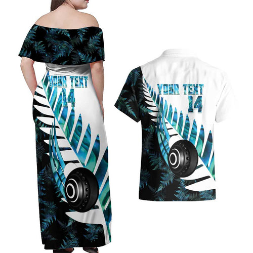 New Zealand Lawn Bowls Custom Couples Matching Off Shoulder Maxi Dress and Hawaiian Shirt Aotearoa Silver Fern Paua Shell - Aussie Hoodie