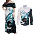 New Zealand Lawn Bowls Custom Couples Matching Off Shoulder Maxi Dress and Long Sleeve Button Shirt Aotearoa Silver Fern Paua Shell - Aussie Hoodie