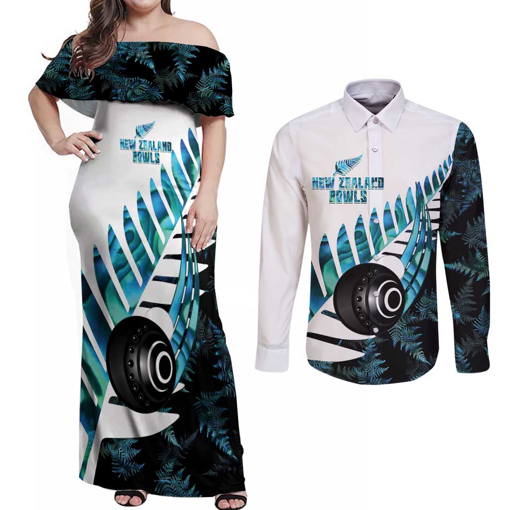 New Zealand Lawn Bowls Custom Couples Matching Off Shoulder Maxi Dress and Long Sleeve Button Shirt Aotearoa Silver Fern Paua Shell - Aussie Hoodie
