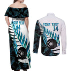 New Zealand Lawn Bowls Custom Couples Matching Off Shoulder Maxi Dress and Long Sleeve Button Shirt Aotearoa Silver Fern Paua Shell - Aussie Hoodie