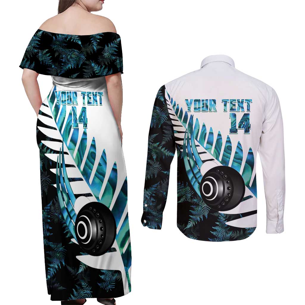 New Zealand Lawn Bowls Custom Couples Matching Off Shoulder Maxi Dress and Long Sleeve Button Shirt Aotearoa Silver Fern Paua Shell - Aussie Hoodie