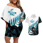 New Zealand Lawn Bowls Custom Couples Matching Off Shoulder Short Dress and Hawaiian Shirt Aotearoa Silver Fern Paua Shell - Aussie Hoodie