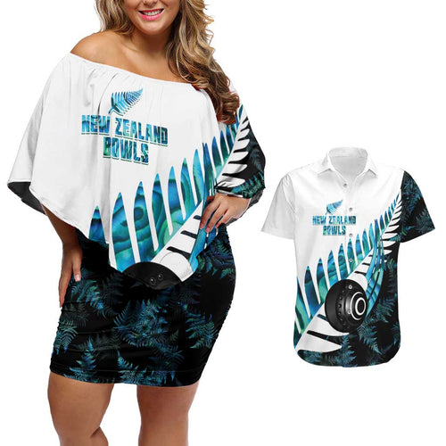 New Zealand Lawn Bowls Custom Couples Matching Off Shoulder Short Dress and Hawaiian Shirt Aotearoa Silver Fern Paua Shell - Aussie Hoodie