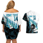 New Zealand Lawn Bowls Custom Couples Matching Off Shoulder Short Dress and Hawaiian Shirt Aotearoa Silver Fern Paua Shell - Aussie Hoodie