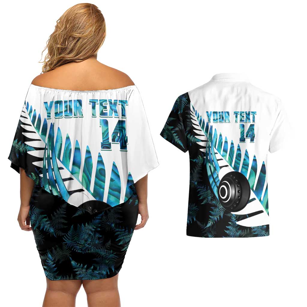 New Zealand Lawn Bowls Custom Couples Matching Off Shoulder Short Dress and Hawaiian Shirt Aotearoa Silver Fern Paua Shell - Aussie Hoodie
