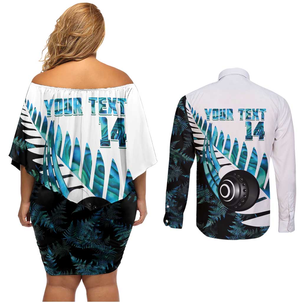 New Zealand Lawn Bowls Custom Couples Matching Off Shoulder Short Dress and Long Sleeve Button Shirt Aotearoa Silver Fern Paua Shell - Aussie Hoodie