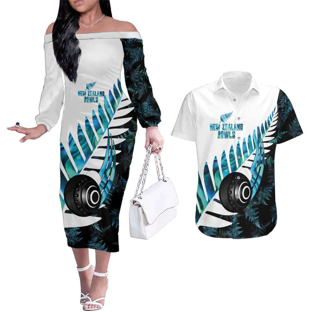 New Zealand Lawn Bowls Custom Couples Matching Off The Shoulder Long Sleeve Dress and Hawaiian Shirt Aotearoa Silver Fern Paua Shell - Aussie Hoodie