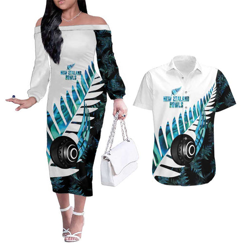 New Zealand Lawn Bowls Custom Couples Matching Off The Shoulder Long Sleeve Dress and Hawaiian Shirt Aotearoa Silver Fern Paua Shell - Aussie Hoodie