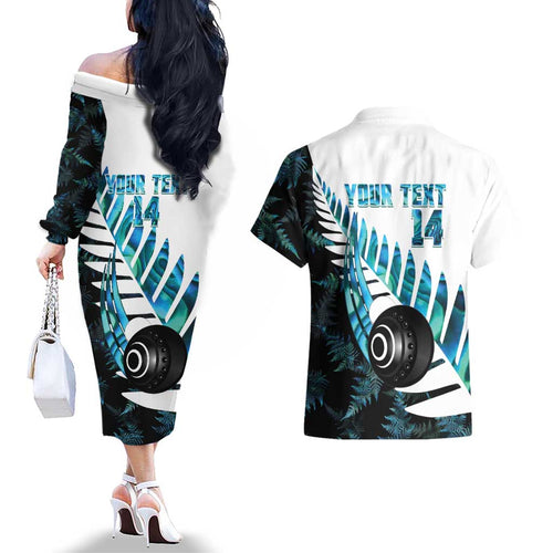 New Zealand Lawn Bowls Custom Couples Matching Off The Shoulder Long Sleeve Dress and Hawaiian Shirt Aotearoa Silver Fern Paua Shell - Aussie Hoodie