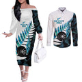 New Zealand Lawn Bowls Custom Couples Matching Off The Shoulder Long Sleeve Dress and Long Sleeve Button Shirt Aotearoa Silver Fern Paua Shell - Aussie Hoodie