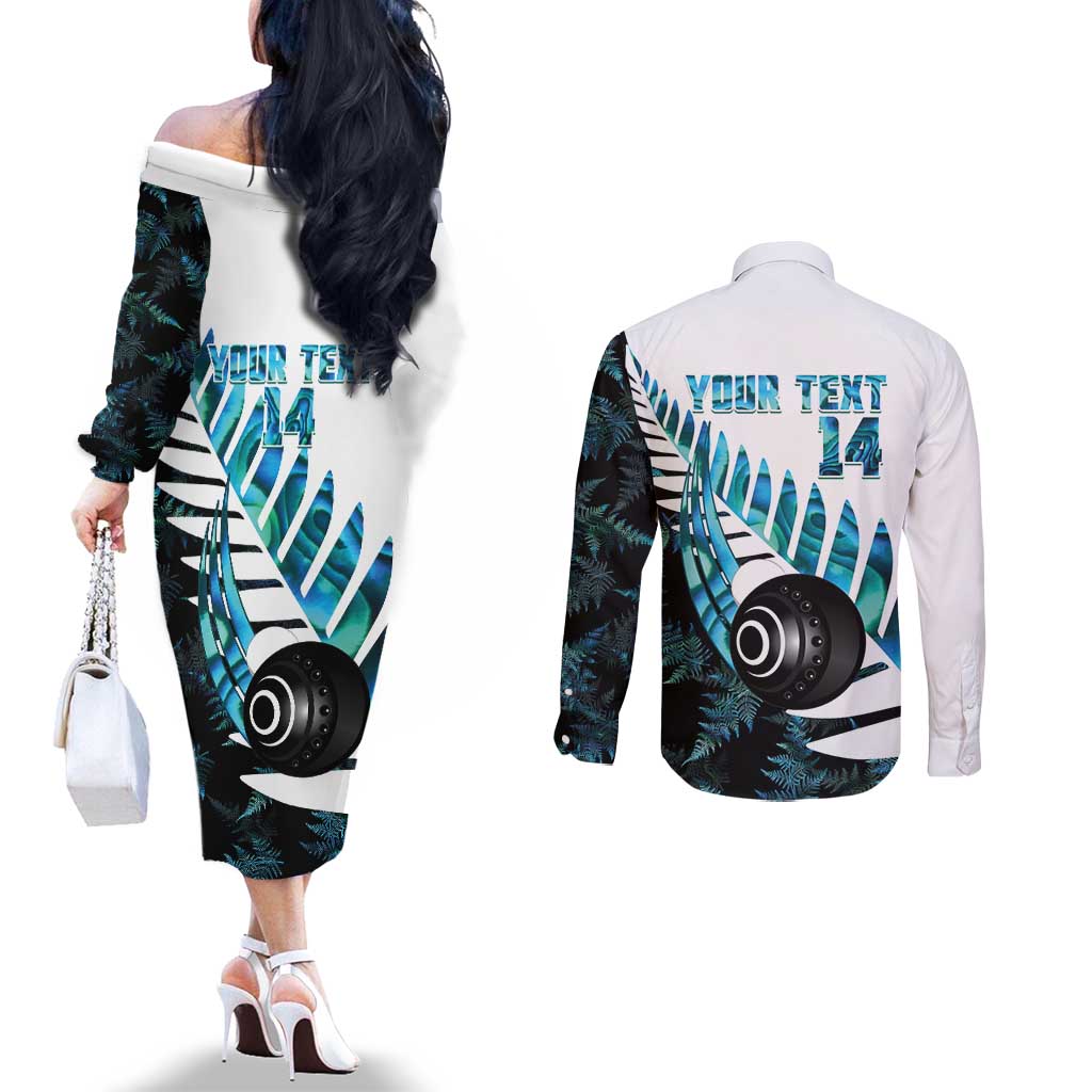 New Zealand Lawn Bowls Custom Couples Matching Off The Shoulder Long Sleeve Dress and Long Sleeve Button Shirt Aotearoa Silver Fern Paua Shell - Aussie Hoodie