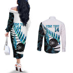 New Zealand Lawn Bowls Custom Couples Matching Off The Shoulder Long Sleeve Dress and Long Sleeve Button Shirt Aotearoa Silver Fern Paua Shell - Aussie Hoodie