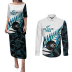New Zealand Lawn Bowls Custom Couples Matching Puletasi and Long Sleeve Button Shirt Aotearoa Silver Fern Paua Shell - Aussie Hoodie