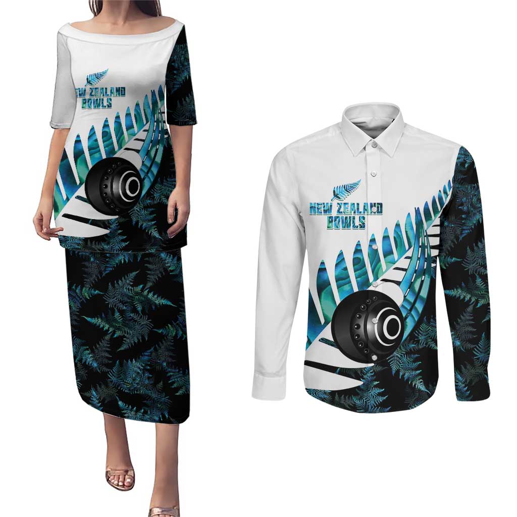New Zealand Lawn Bowls Custom Couples Matching Puletasi and Long Sleeve Button Shirt Aotearoa Silver Fern Paua Shell - Aussie Hoodie