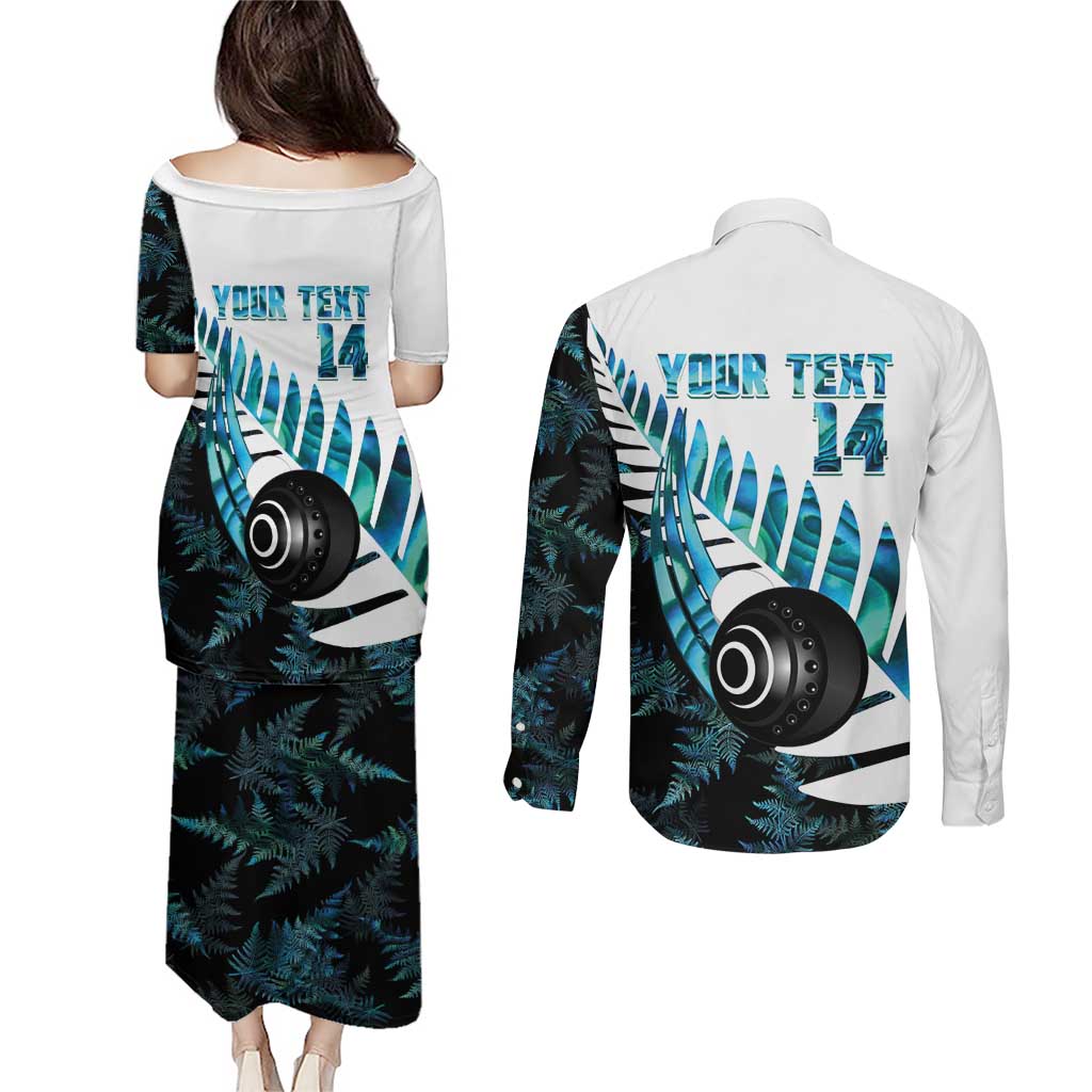 New Zealand Lawn Bowls Custom Couples Matching Puletasi and Long Sleeve Button Shirt Aotearoa Silver Fern Paua Shell - Aussie Hoodie