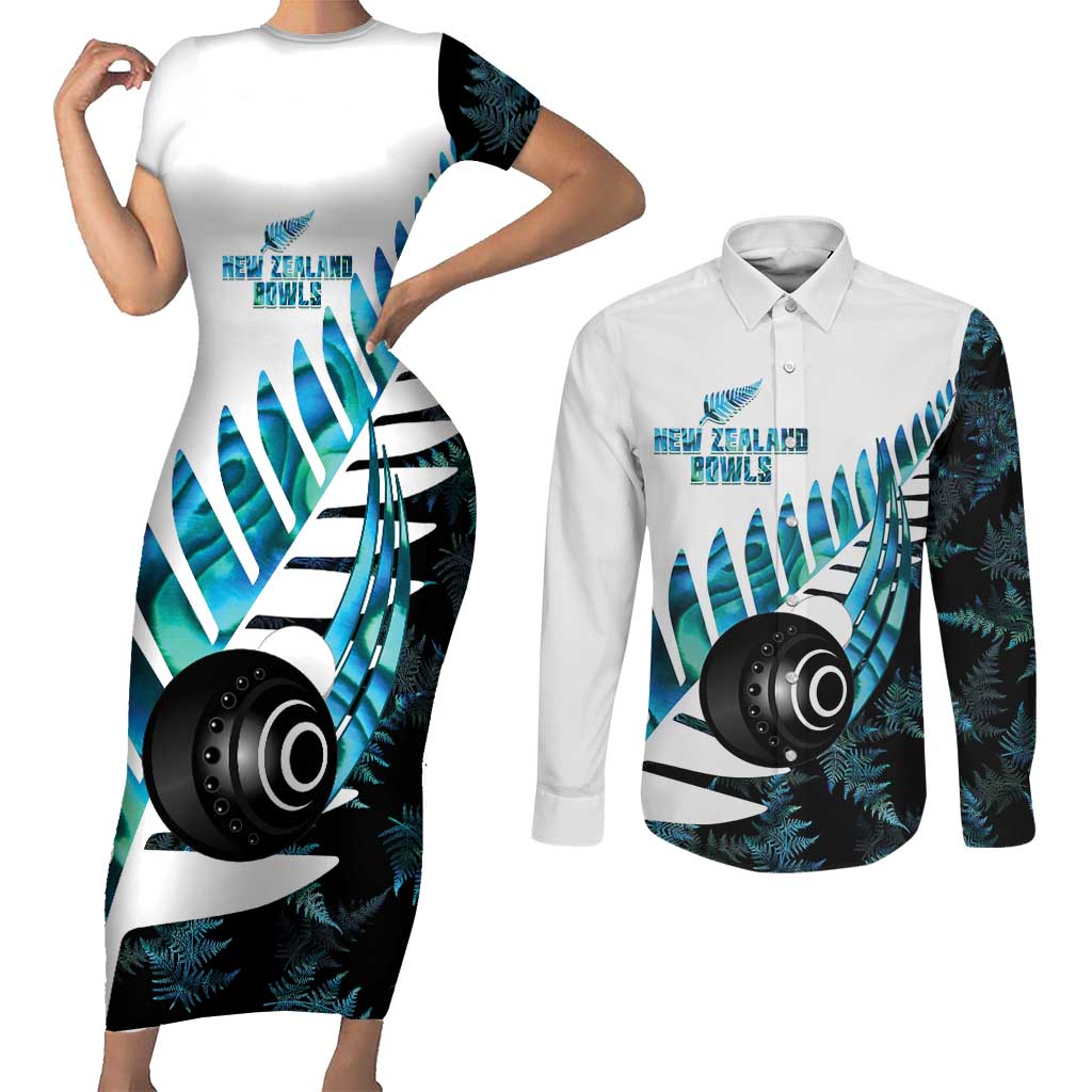 New Zealand Lawn Bowls Custom Couples Matching Short Sleeve Bodycon Dress and Long Sleeve Button Shirt Aotearoa Silver Fern Paua Shell - Aussie Hoodie