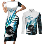 New Zealand Lawn Bowls Custom Couples Matching Short Sleeve Bodycon Dress and Long Sleeve Button Shirt Aotearoa Silver Fern Paua Shell - Aussie Hoodie