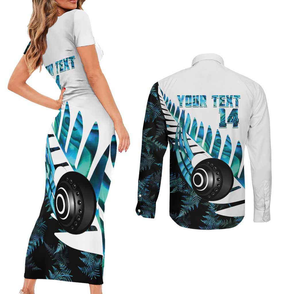New Zealand Lawn Bowls Custom Couples Matching Short Sleeve Bodycon Dress and Long Sleeve Button Shirt Aotearoa Silver Fern Paua Shell - Aussie Hoodie