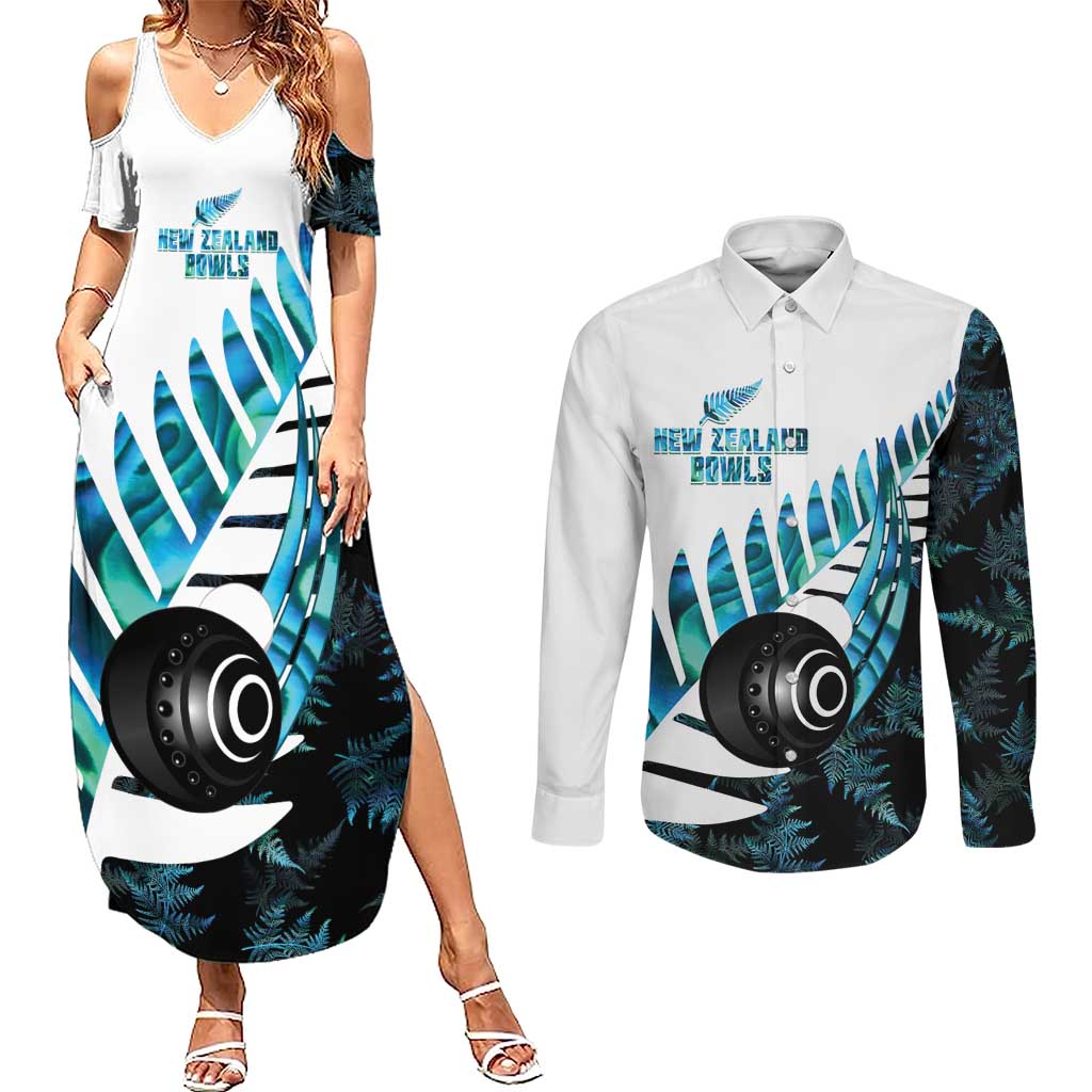 New Zealand Lawn Bowls Custom Couples Matching Summer Maxi Dress and Long Sleeve Button Shirt Aotearoa Silver Fern Paua Shell - Aussie Hoodie
