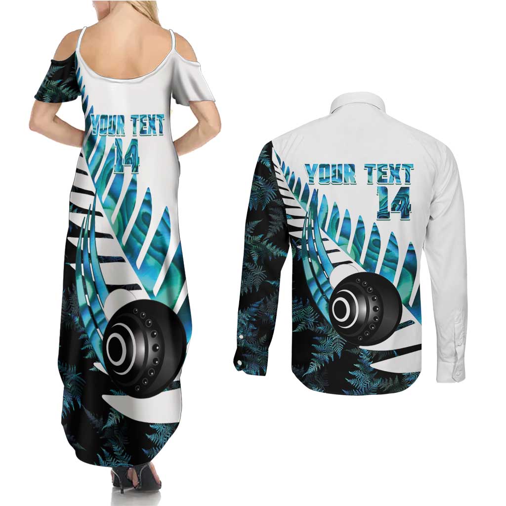 New Zealand Lawn Bowls Custom Couples Matching Summer Maxi Dress and Long Sleeve Button Shirt Aotearoa Silver Fern Paua Shell - Aussie Hoodie