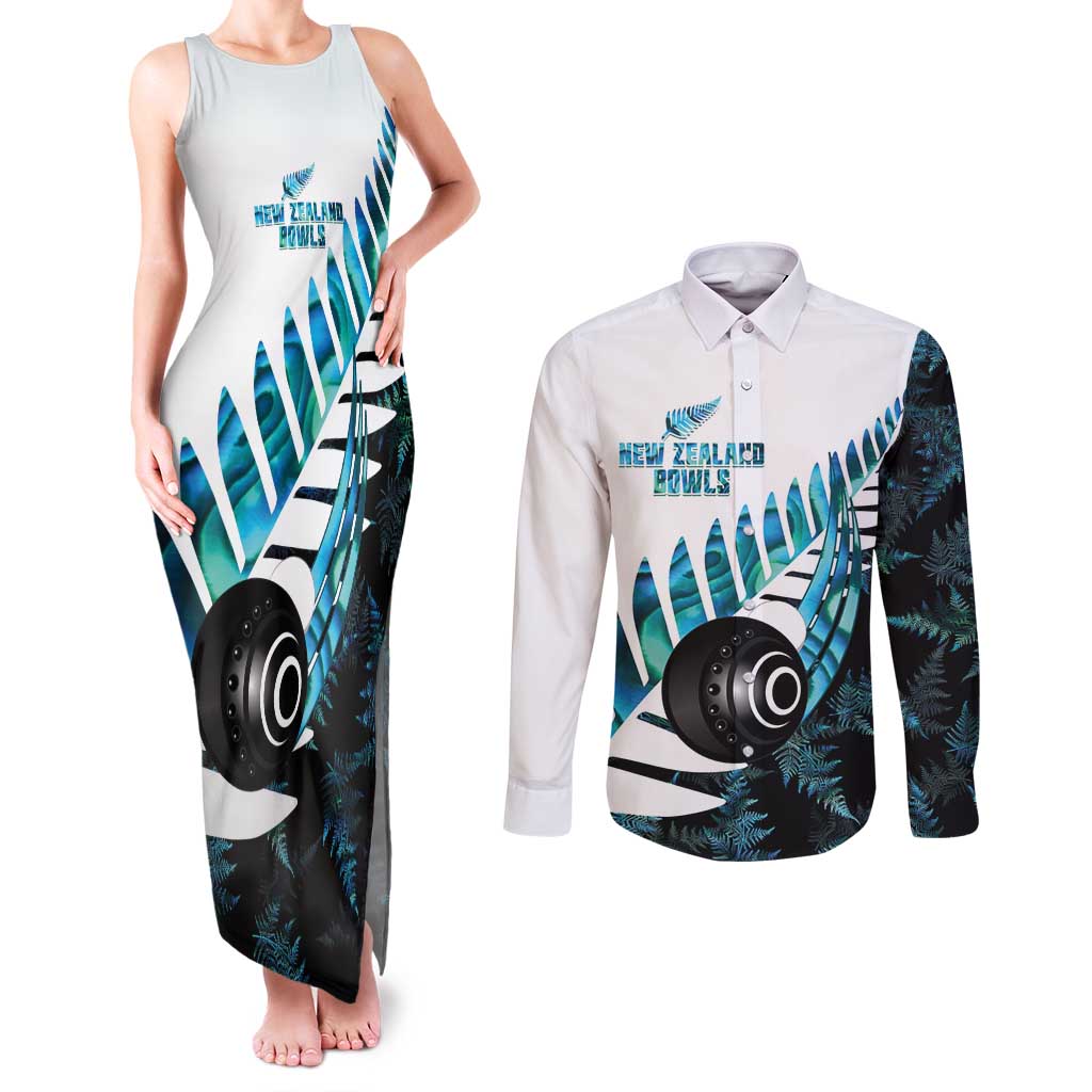 New Zealand Lawn Bowls Custom Couples Matching Tank Maxi Dress and Long Sleeve Button Shirt Aotearoa Silver Fern Paua Shell - Aussie Hoodie