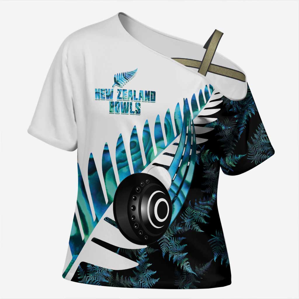 New Zealand Lawn Bowls Custom Cross Shoulder Shirt Aotearoa Silver Fern Paua Shell - Aussie Hoodie