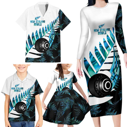 New Zealand Lawn Bowls Custom Family Matching Long Sleeve Bodycon Dress and Hawaiian Shirt Aotearoa Silver Fern Paua Shell - Aussie Hoodie